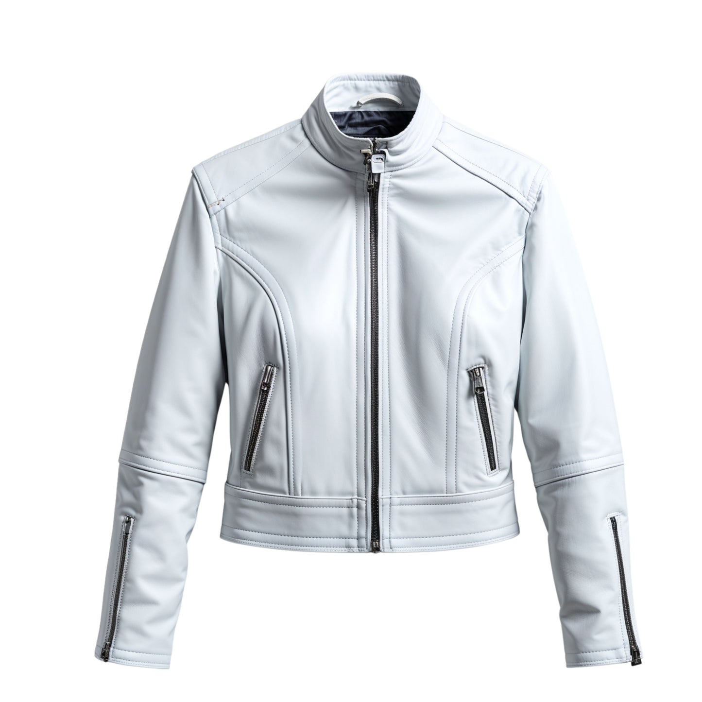 Women's White Real Leather Cropped Moto Jacket with Stand Collar – Tailored Slim Fit Outerwear