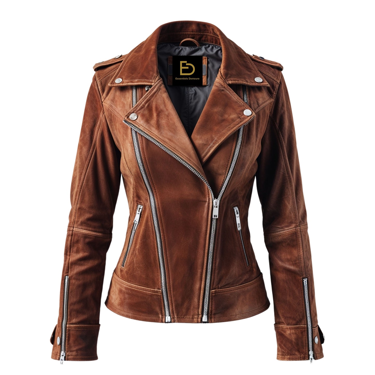 Womens Cognac Brown Real Leather Biker Jacket – Slim Fit Asymmetrical Zip Snap Lapel