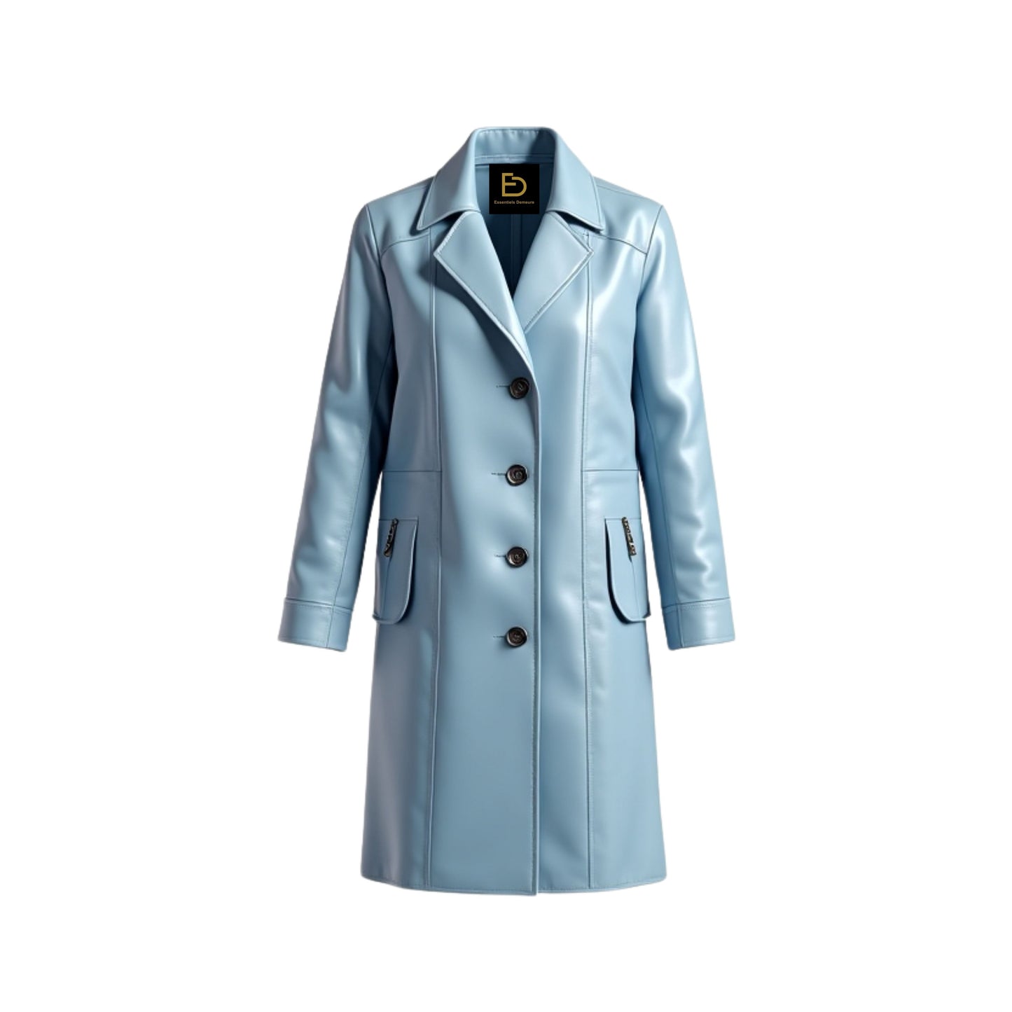 Light Blue Lambskin Leather Trench Coat: Double Breasted Lapel Outerwear