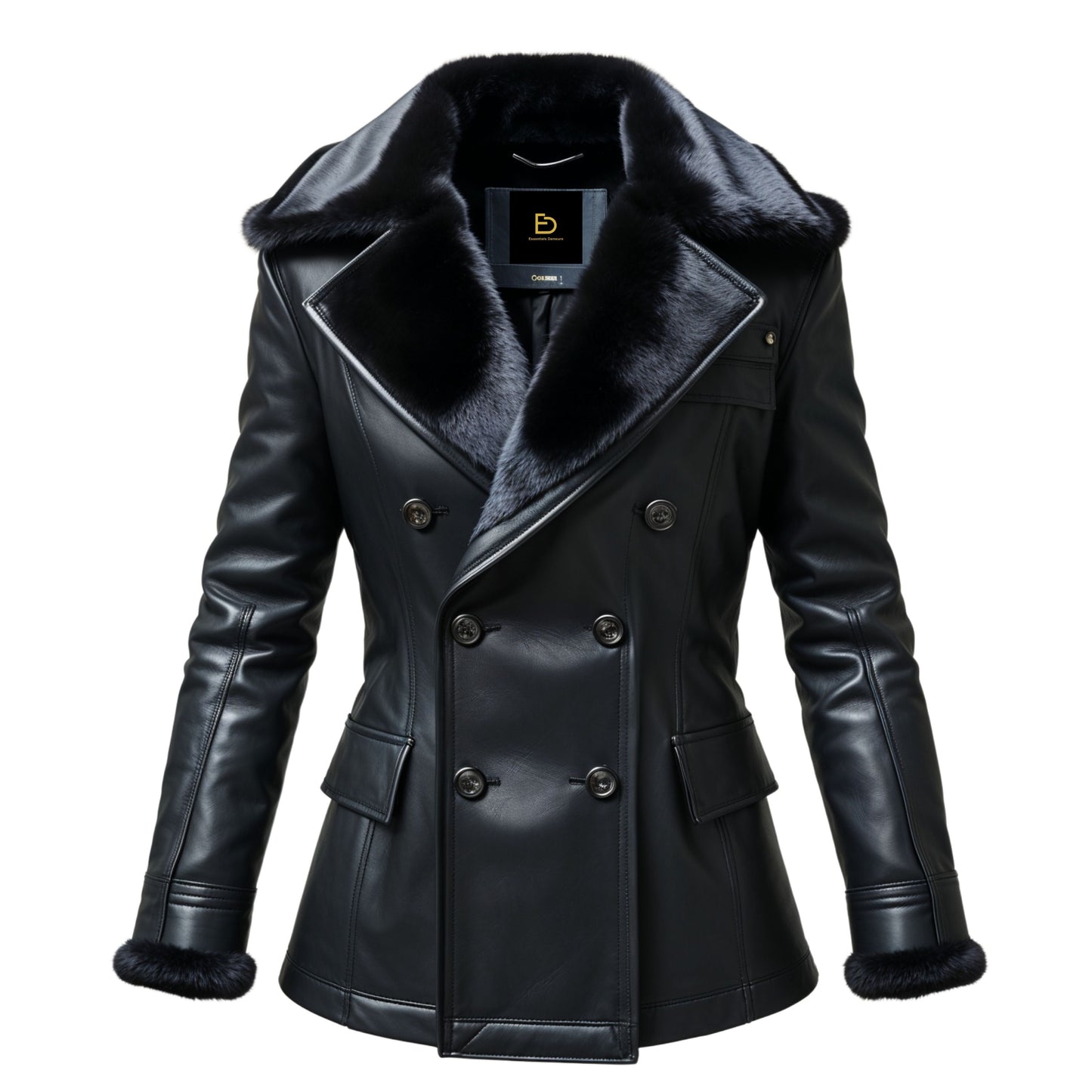 Men's Black Leather Double Breasted Jacket with Faux Fur Collar Cuffs – Winter Style