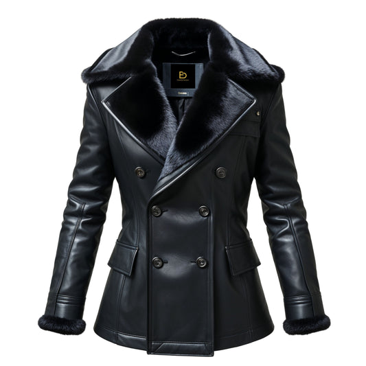 Men's Black Leather Double Breasted Jacket with Faux Fur Collar Cuffs – Winter Style