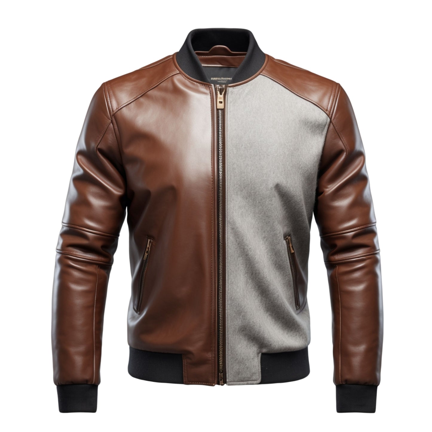 Men's Brown Grey Leather Bomber Jacket: Contrast Panel, Ribbed Trim, Modern Style