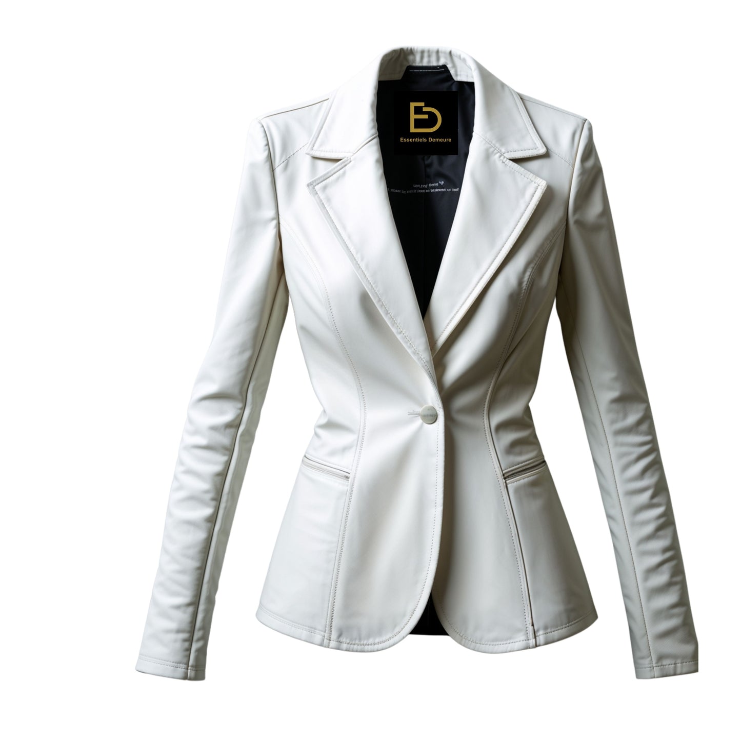 Women's Ivory Real Leather Blazer Jacket – Slim Fit, Notched Lapel, Office Coat