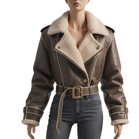 Women Real Leather Shearling Moto Jacket Dark Brown Cream Sherpa Lining Biker Winter Outerwear