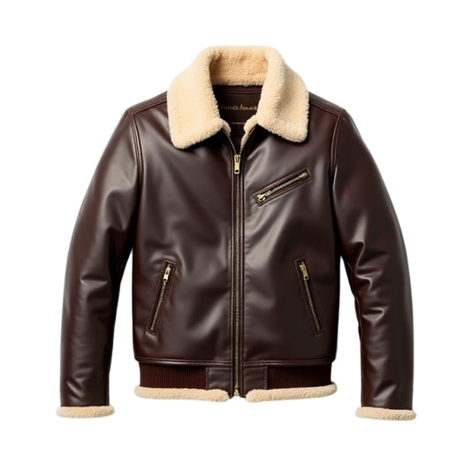 Men's Brown Real Leather Aviator Jacket with Shearling Collar – Winter Warmth Classic Style