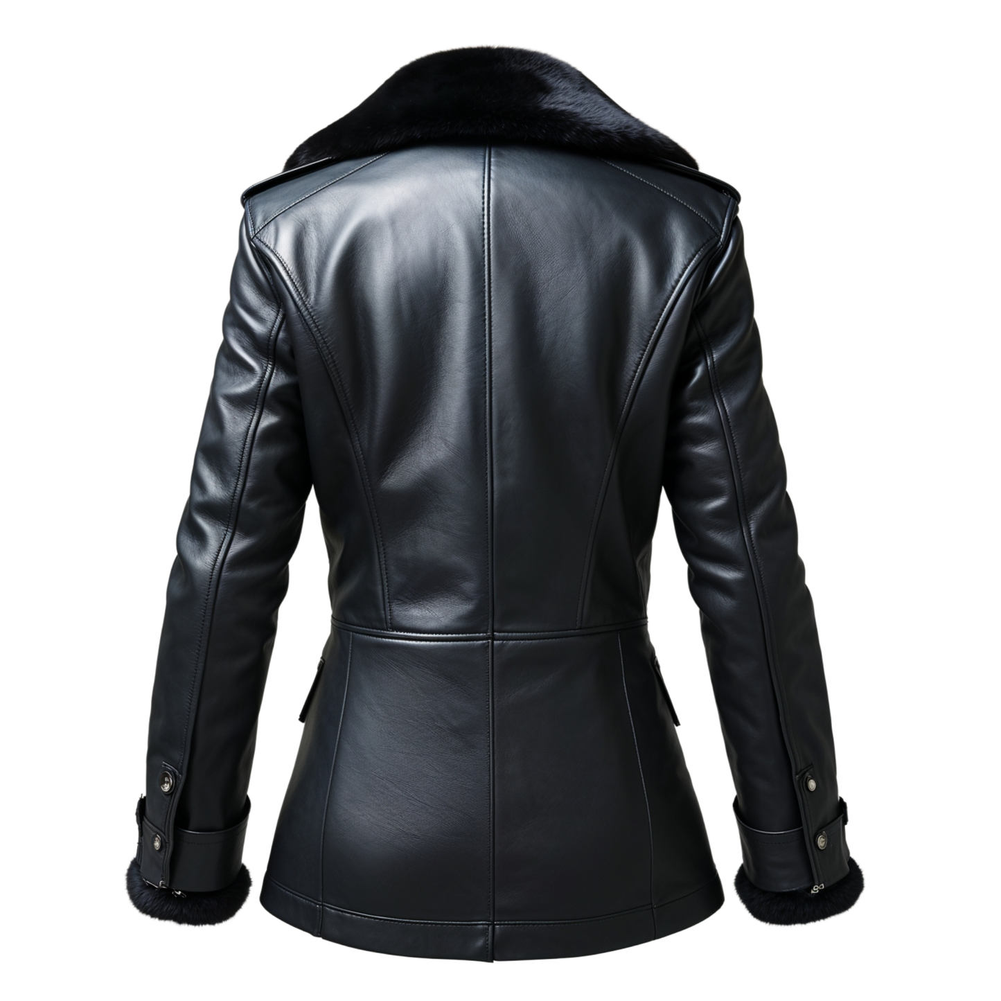 Mens Black Real Leather Double Breasted Jacket Fur Collar Cuffs Premium Warmth Sophisticated Winter Style