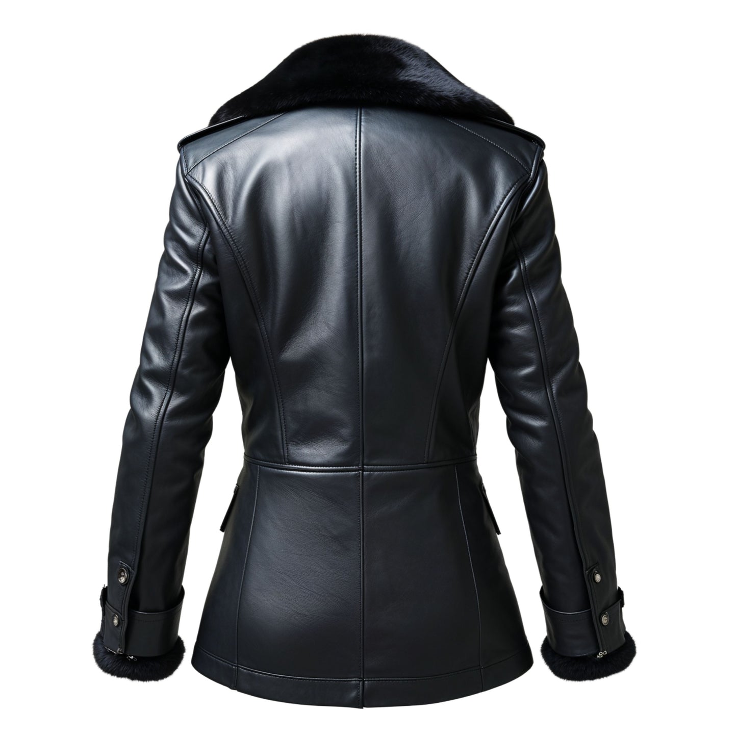 Men's Black Leather Double Breasted Jacket with Faux Fur Collar Cuffs – Winter Style