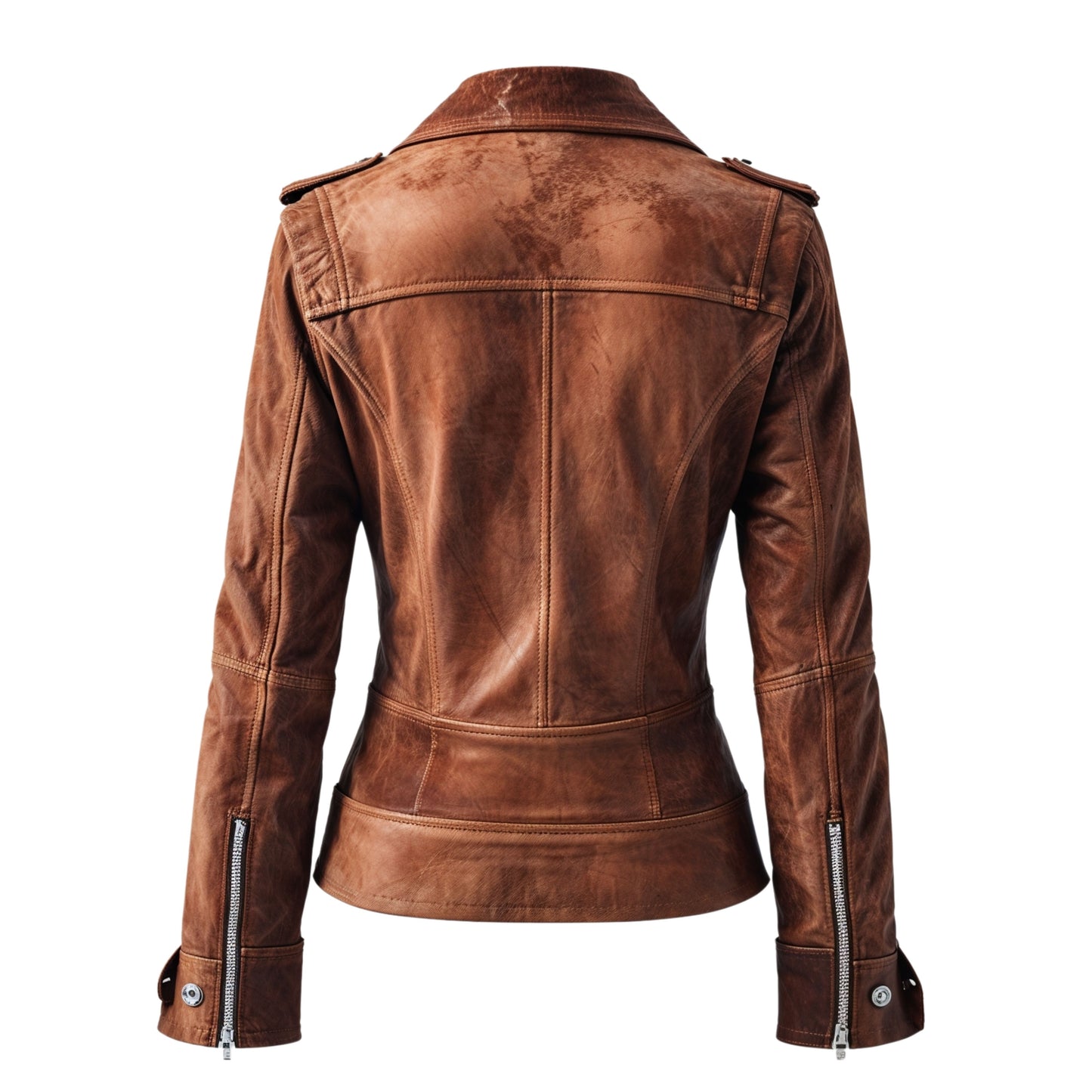 Womens Cognac Brown Real Leather Biker Jacket – Slim Fit Asymmetrical Zip Snap Lapel