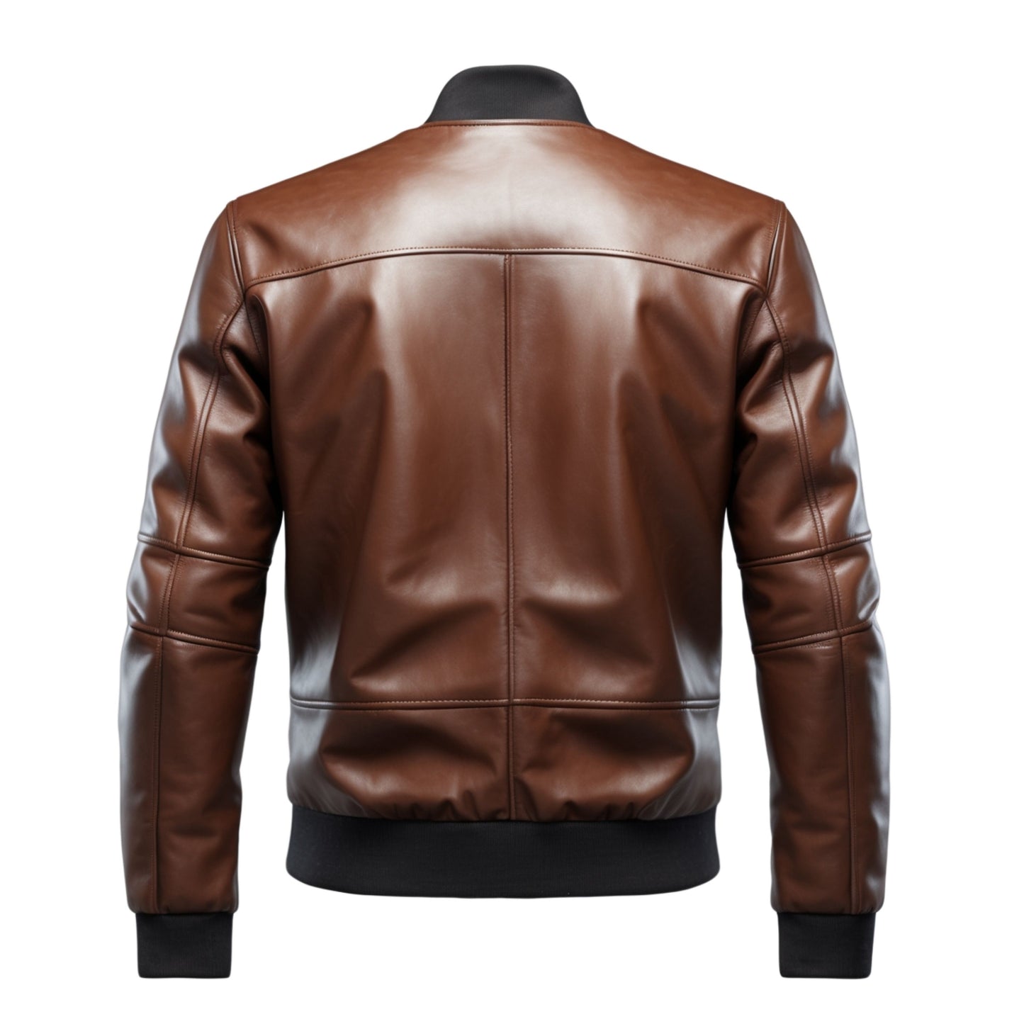 Men's Brown Grey Leather Bomber Jacket: Contrast Panel, Ribbed Trim, Modern Style