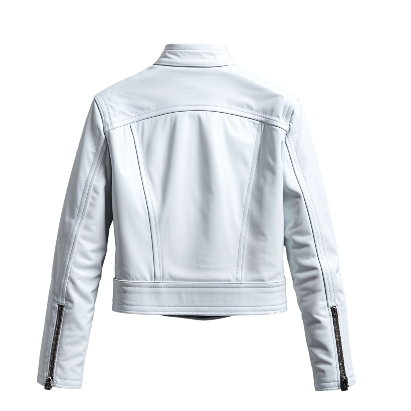 Women's White Real Leather Cropped Moto Jacket with Stand Collar – Tailored Slim Fit Outerwear