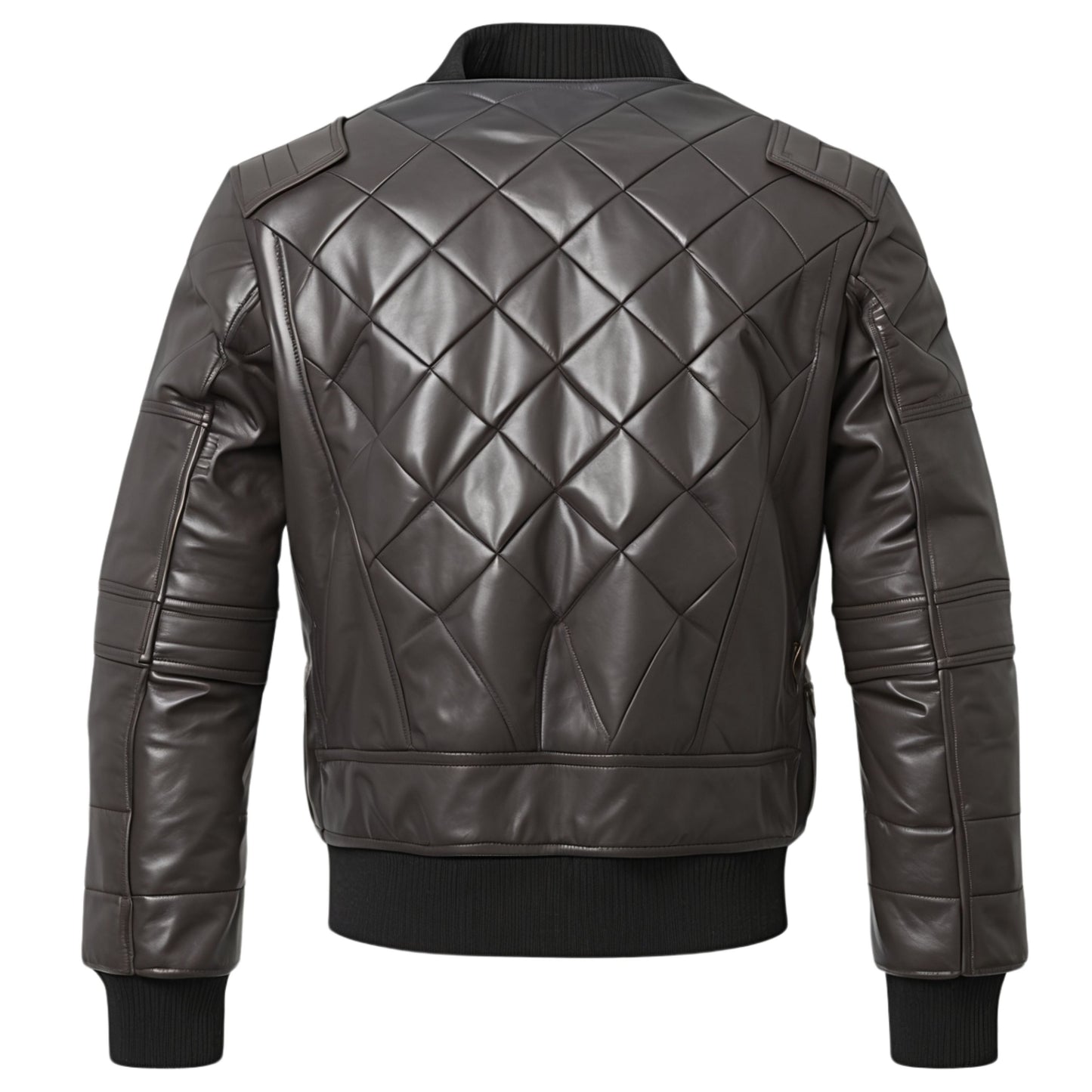 Quilted Real Leather Bomber Jacket: Zipper Pockets, Ribbed Cuffs, Casual Wear