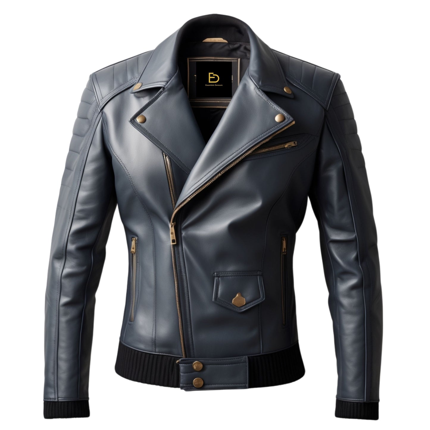 Men's Real Leather Biker Jacket Quilted Shoulders Modern Fit Moto Outerwear Zipper Pockets