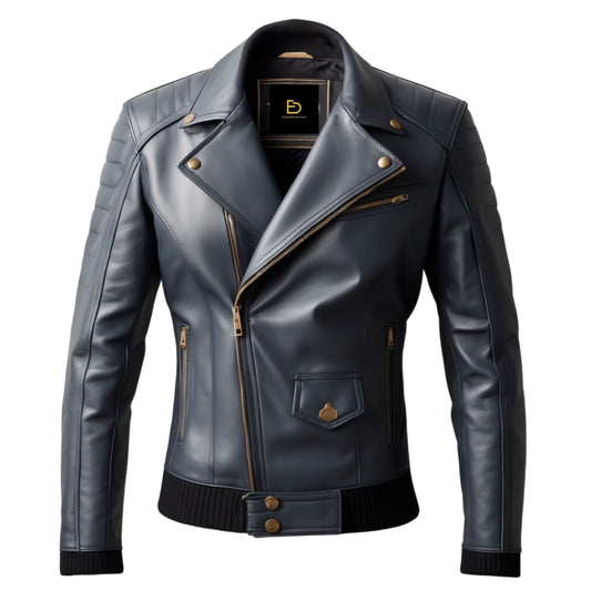 Men's Real Leather Biker Jacket Quilted Shoulders Modern Fit Moto Outerwear Zipper Pockets