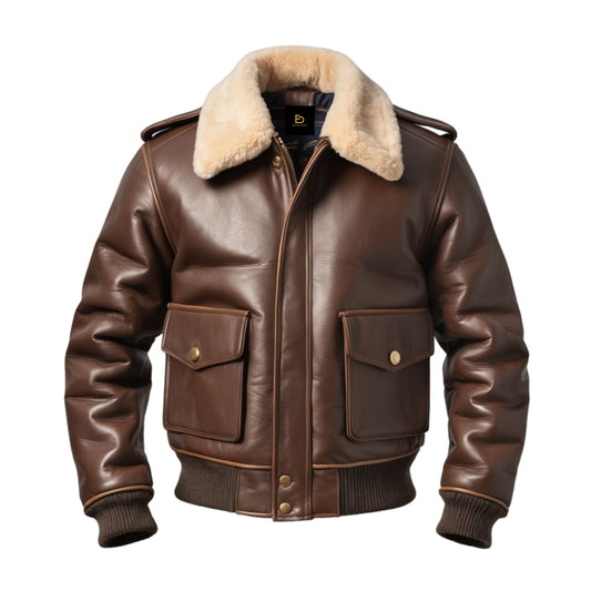Classic Shearling Collar Leather Bomber Jacket Warm Lining Spacious Pockets Winter Comfort Timeless Style