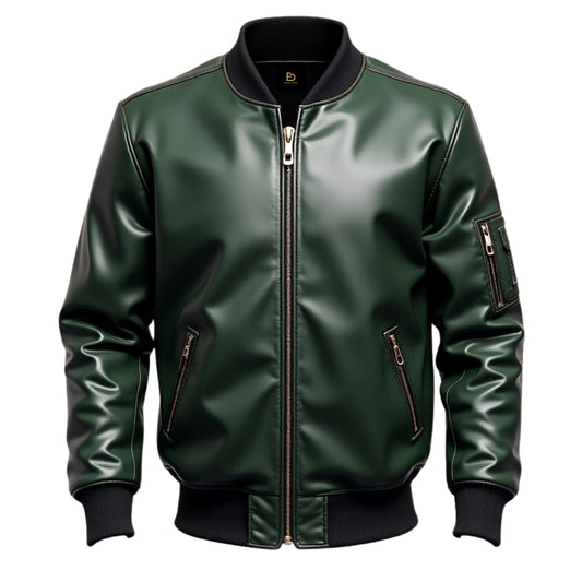Men's Green Real Leather Bomber Jacket – Ribbed Cuffs, Street Style, Casual Fashion