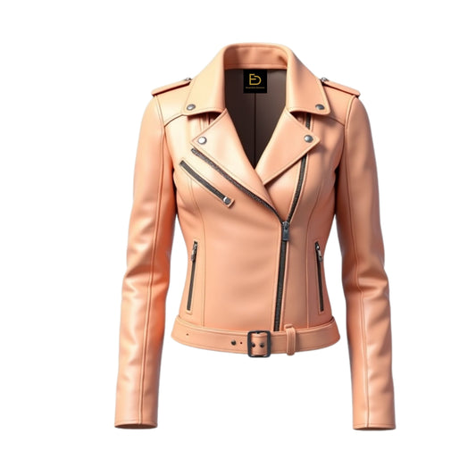 Womens Peach Lambskin Leather Biker Jacket – Slim Fit Belted Moto Style