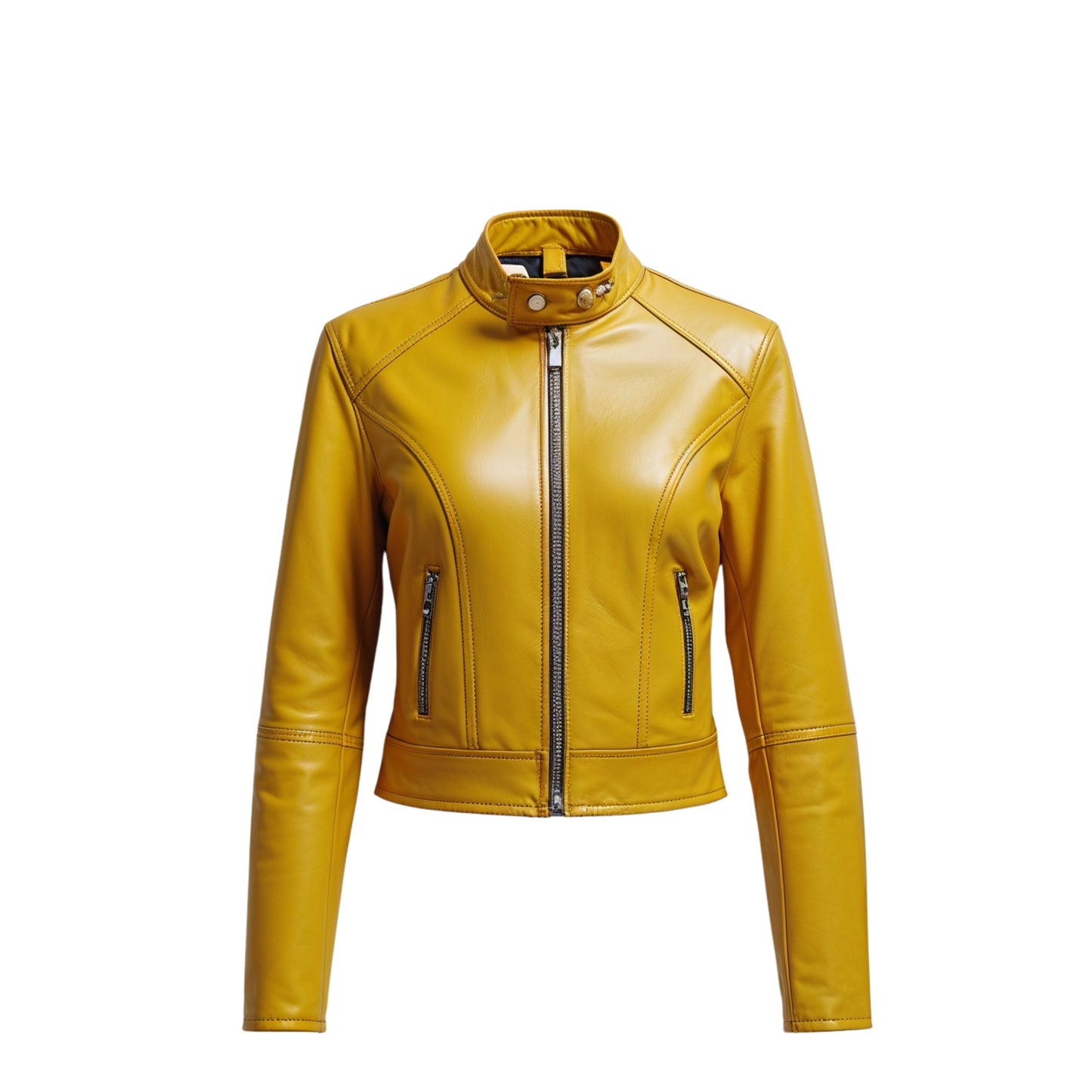 Yellow Leather Cropped Moto Jacket – Slim Fit Biker Style Snap Collar