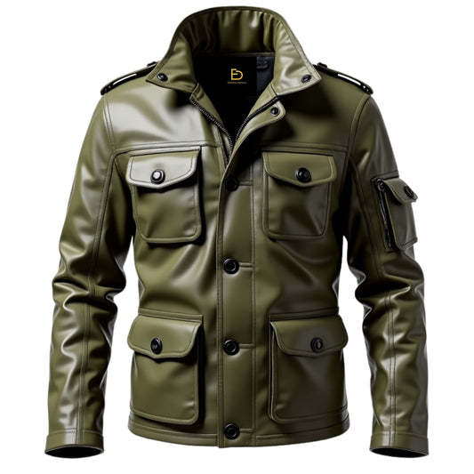 Men's Olive Green Real Leather Field Jacket – Rugged Utility Style