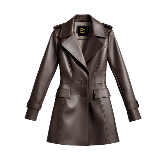 Brown Real Leather Tailored Long Trench Coat – Slim Fit Lapel Collar Jacket