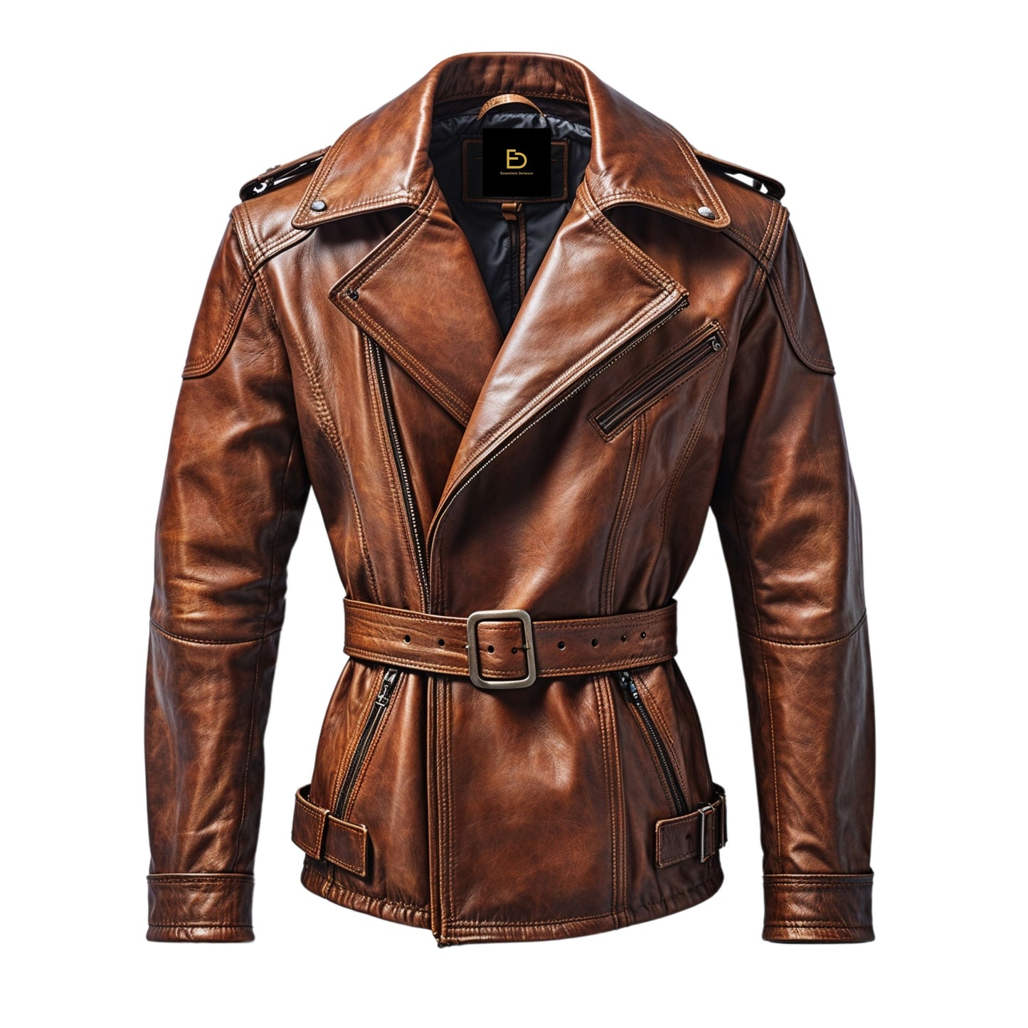 Men's Vintage Brown Real Leather Jacket with Wide Lapel Collar and Belt