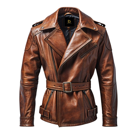 Men's Vintage Brown Real Leather Jacket with Wide Lapel Collar and Belt