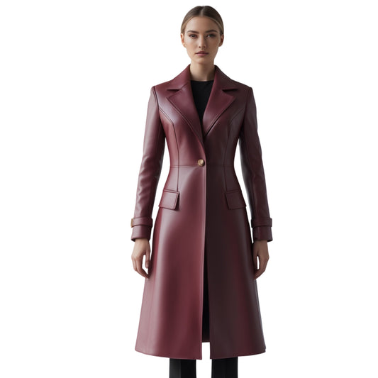 Women's Burgundy Real Leather Maxi Coat – Single Gold Button Elegant Outerwear