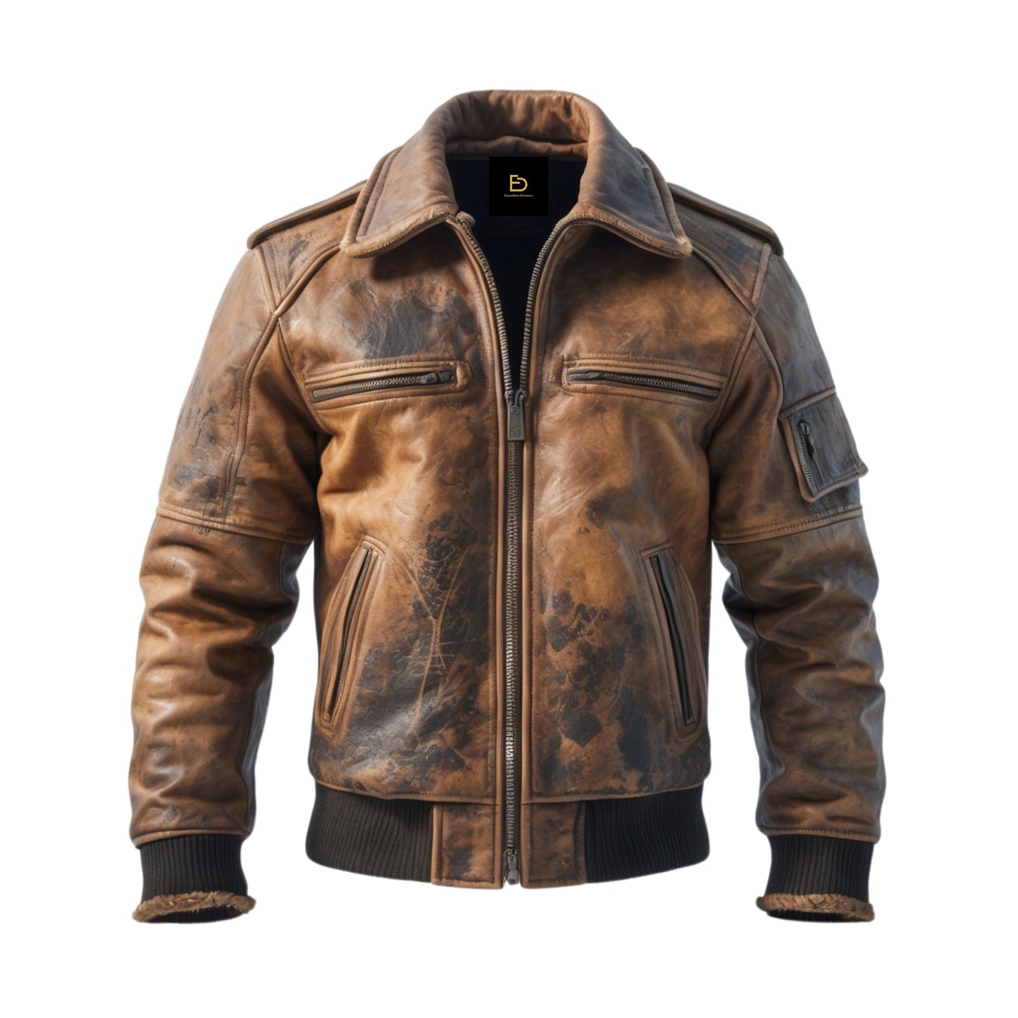 Men's Distressed Brown Leather Bomber Jacket: Vintage Style, Ribbed Cuffs, Multi-Pocket