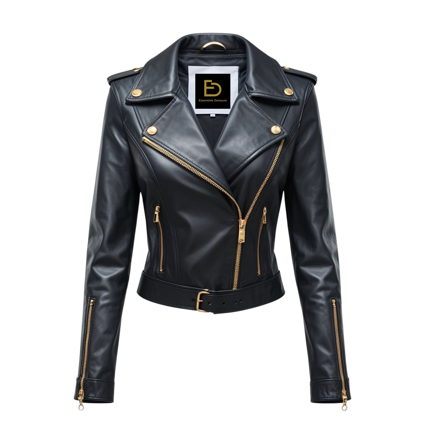 Black Real Leather Biker Jacket with Gold Hardware and Belted Waist