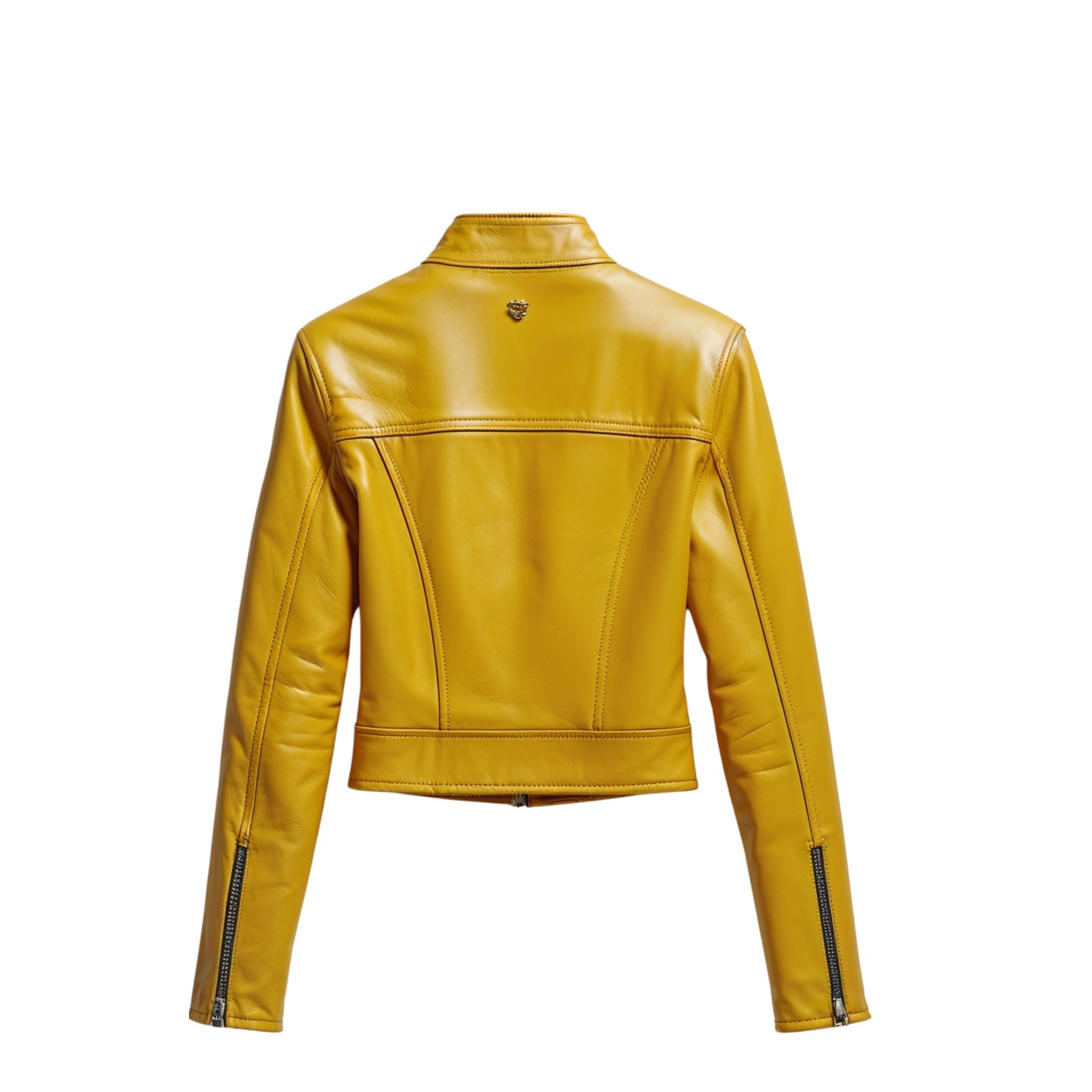 Yellow Leather Cropped Moto Jacket – Slim Fit Biker Style Snap Collar