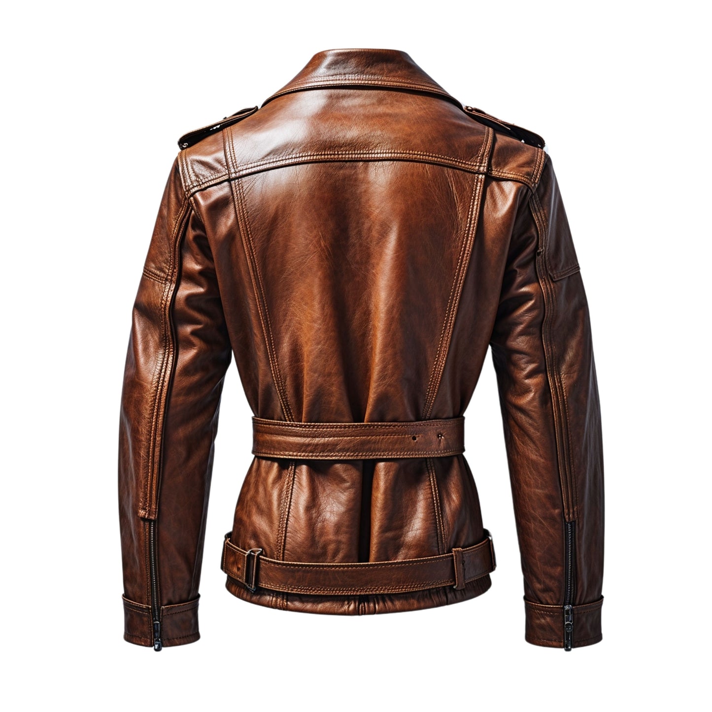Men's Vintage Brown Real Leather Jacket with Wide Lapel Collar and Belt