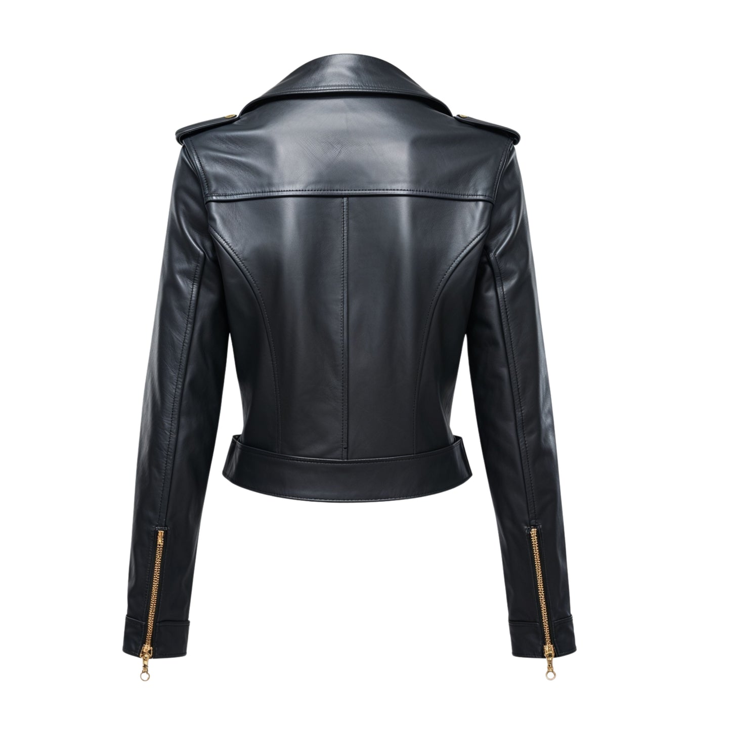 Black Real Leather Biker Jacket with Gold Hardware and Belted Waist