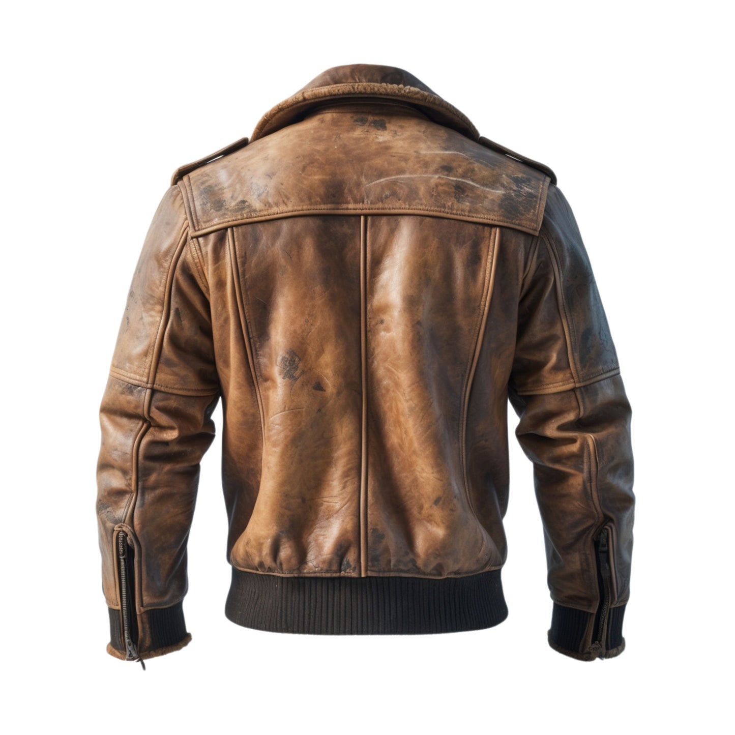 Men's Distressed Brown Leather Bomber Jacket: Vintage Style, Ribbed Cuffs, Multi-Pocket