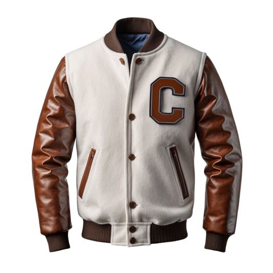 Men's Varsity Jacket: White Wool Body, Brown Leather Sleeves, Letter C Patch