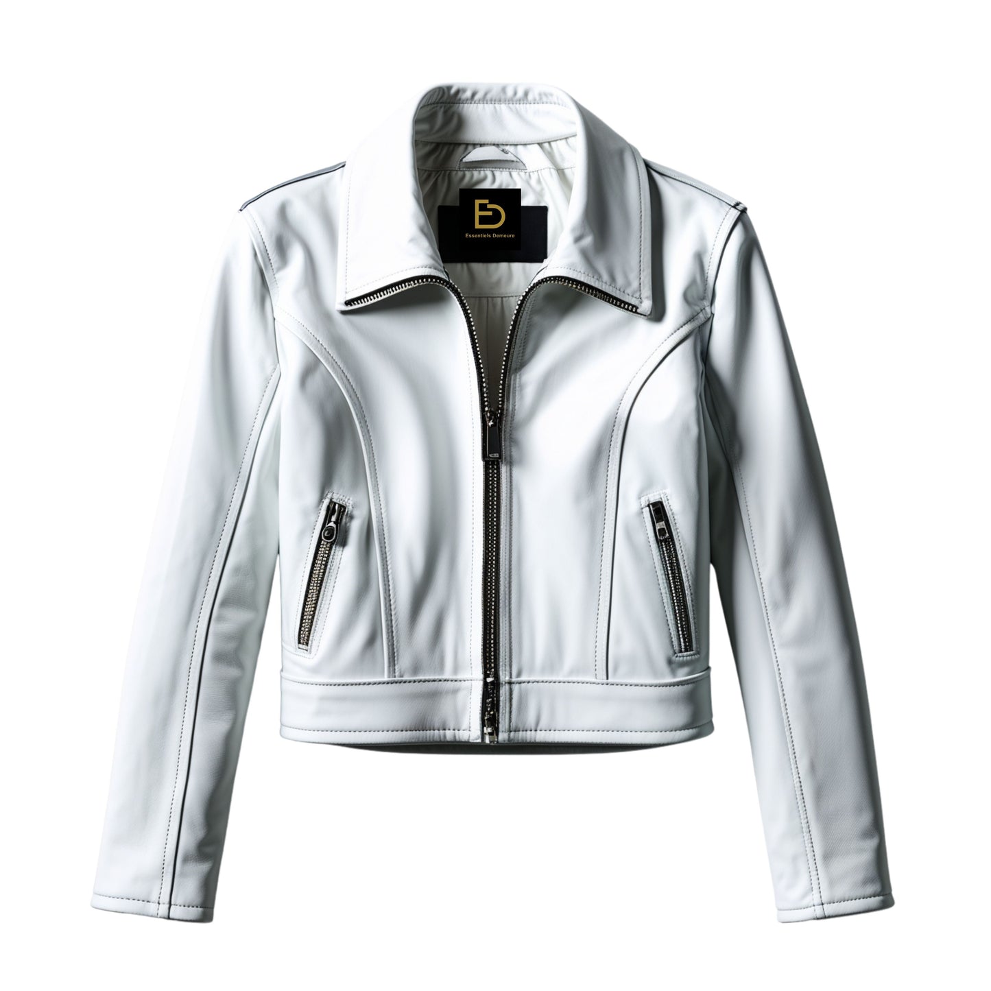 White Leather Cropped Moto Jacket with Black Zippers – Slim Tailored Fashion Wear