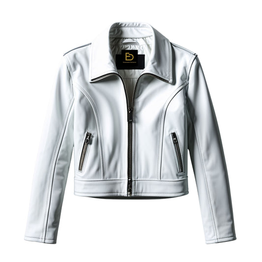 White Leather Cropped Moto Jacket with Black Zippers – Slim Tailored Fashion Wear