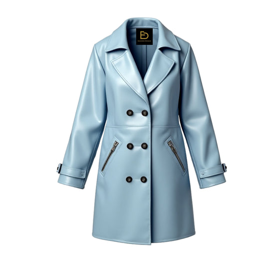 Light Blue Genuine Lambskin Leather Double Breasted Coat – Lapel Collar Epaulets