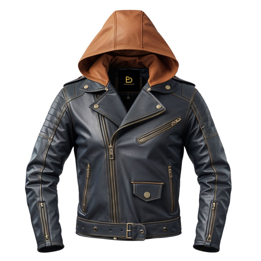 Men's Navy Blue Leather Biker Jacket with Brown Hood, Silver Hardware Zipper Pockets