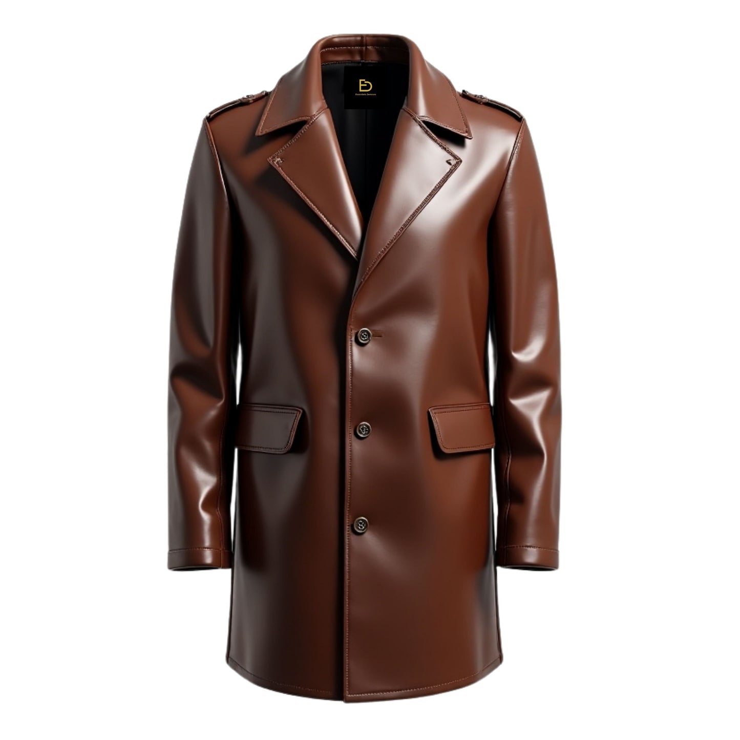 Men Brown Real Leather Overcoat Classic Notch Lapel Button Closure Sophisticated Timeless Style Versatile