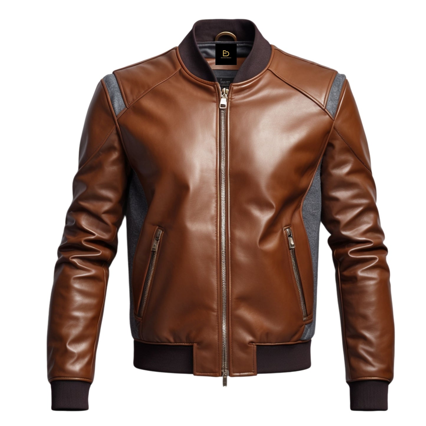 Men's Brown Leather Bomber Jacket, Modern Fit, Ribbed Cuffs, All Season Wear