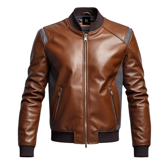 Men's Brown Leather Bomber Jacket, Modern Fit, Ribbed Cuffs, All Season Wear