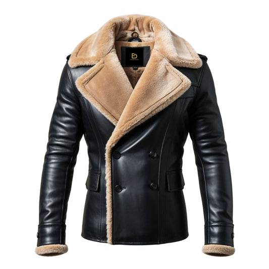 Men's Black Leather Double Breasted Jacket with Faux Fur Collar Cuffs