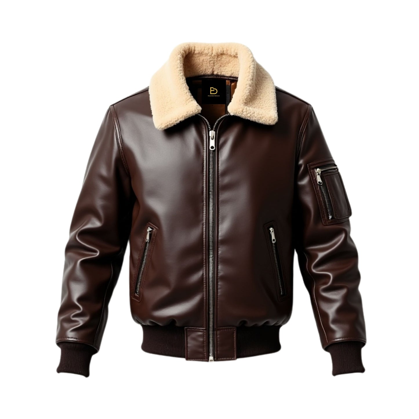 Men's Brown Real Leather Aviator Jacket with Shearling Collar, Ribbed Cuffs, Zip Pockets