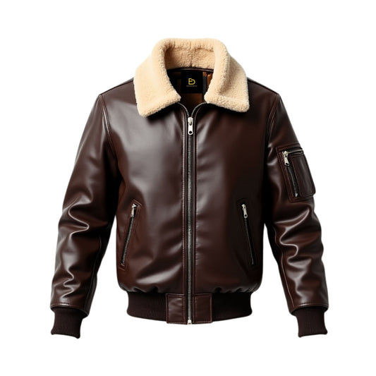 Men's Brown Real Leather Aviator Jacket with Shearling Collar, Ribbed Cuffs, Zip Pockets