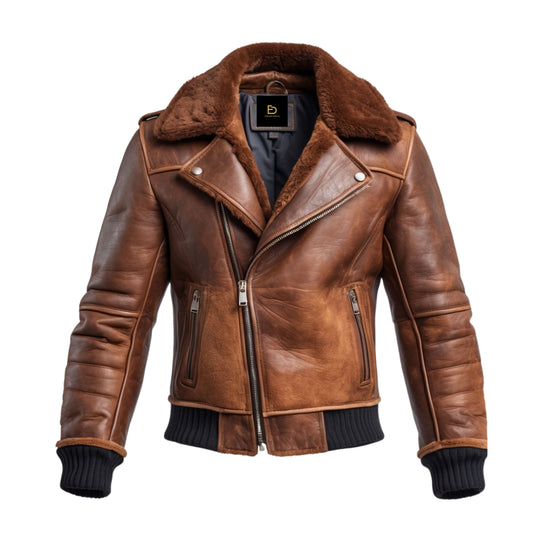 Men's Shearling Lined Leather Aviator Jacket – Wide Collar Ribbed Hem Winter Fashion