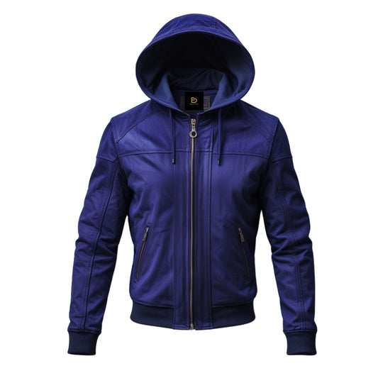 Men's Blue Hooded Bomber Jacket: Urban Style, Zip Pockets, All-Season Wear