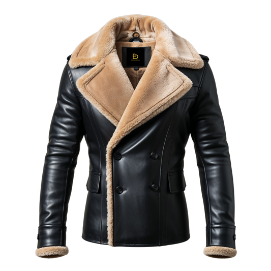 Men Black Real Leather Double Breasted Jacket Fur Collar Cuffs Premium Warmth Sophisticated Winter Fashion