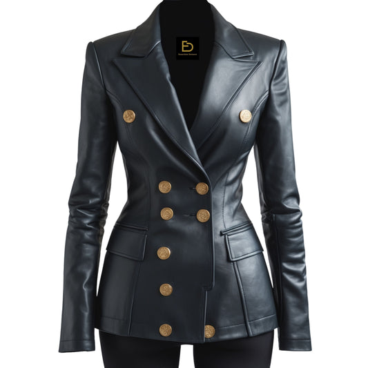 Women's Dark Green Leather Double Breasted Blazer – Slim Fit Evening Coat