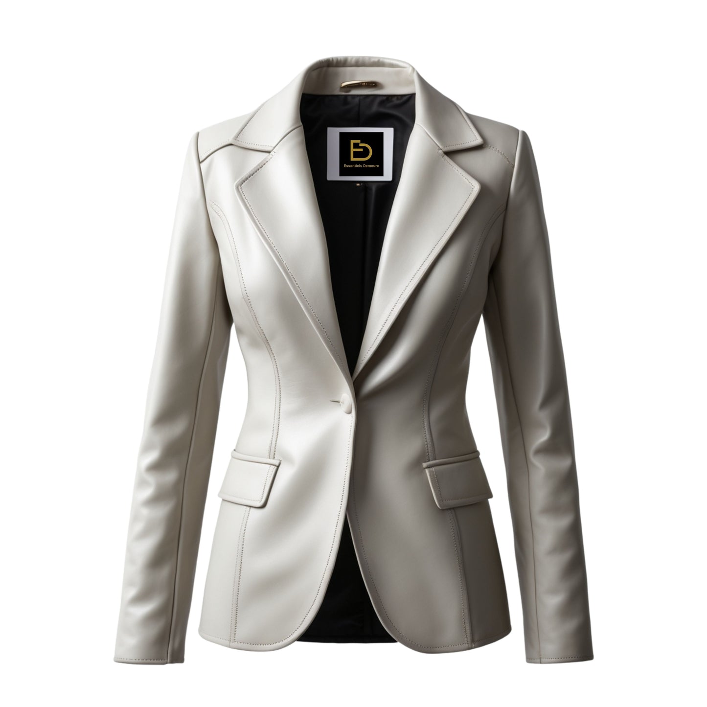 Women's Ivory Real Leather Blazer Jacket – Slim Fit Notched Lapel Office Coat