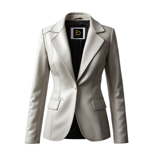 Women's Ivory Real Leather Blazer Jacket – Slim Fit Notched Lapel Office Coat
