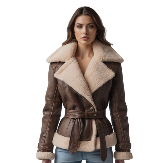 Brown Leather Shearling Jacket: Oversized Lapel Moto Biker Warm Outerwear